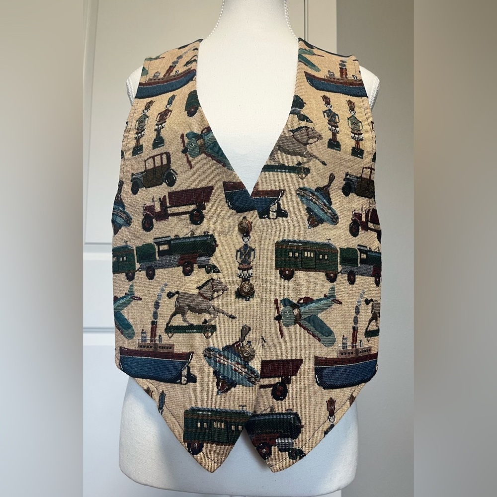 Backroad Blues Vintage 90's Tapestry Vest Classic Toy train plane USA Made sz M